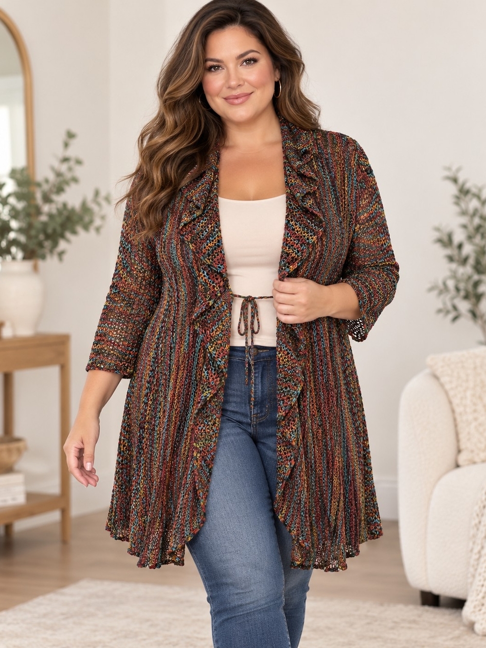 Miss Nikki Multicolor Open-Knit Long Cardigan XL -1X